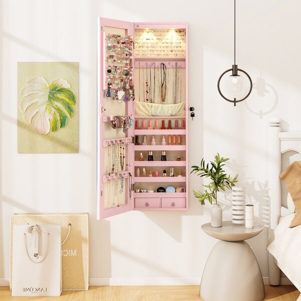 Costway Armadio portagioie con specchio in legno a parete con LED interno 35,5x10x120cm Rosa