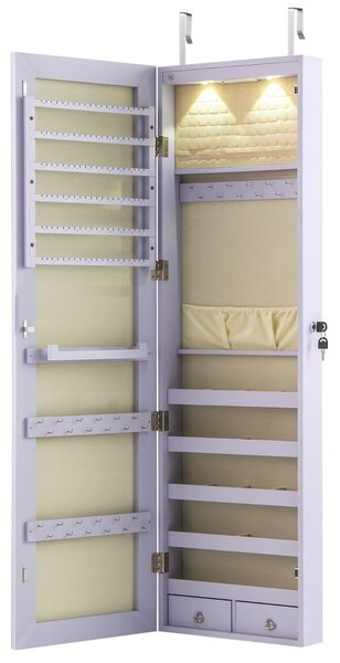 Costway Armadio portagioie con specchio in legno a parete con LED interno 35,5x10x120cm Viola