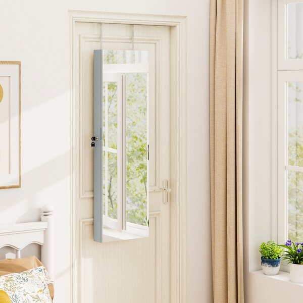 Costway Armadio portagioie con specchio in legno a parete con LED interno 35,5x10x120cm Grigio chiaro