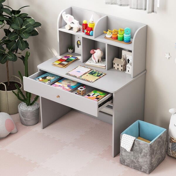 Costway Scrivania in legno per bambini con mensola e cassetto spazio di stoccaggio, Tavolo da scrittura per lettura 80x48x102cm Grigio chiaro