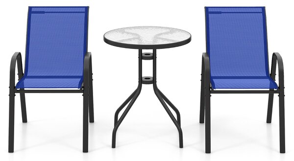 Costway Set bistrot da esterno 3 pezzi, Tavolino rotondo con 2 sedie impilabili piano tavolo in vetro temperato Blu