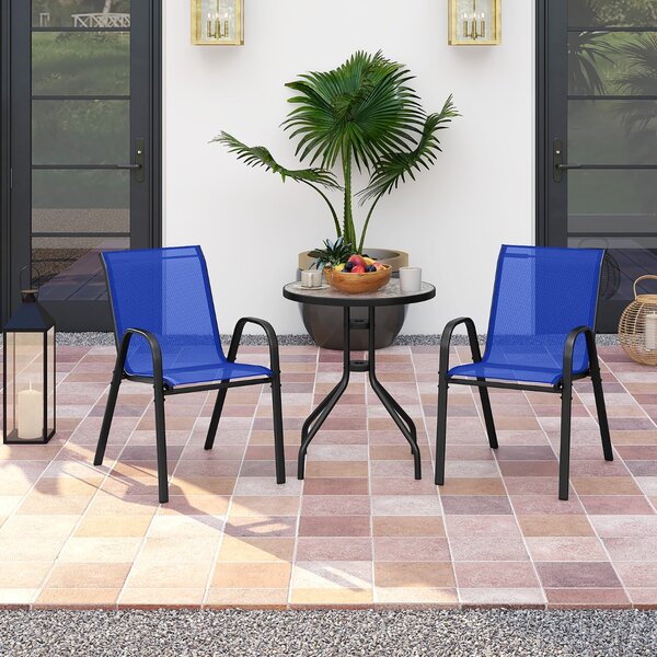 Costway Set bistrot da esterno 3 pezzi, Tavolino rotondo con 2 sedie impilabili piano tavolo in vetro temperato Blu