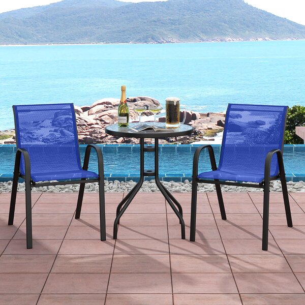 Costway Set bistrot da esterno 3 pezzi, Tavolino rotondo con 2 sedie impilabili piano tavolo in vetro temperato Blu