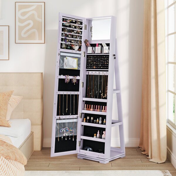 Costway Armadio portagioielli girevole a 360° con specchio, Organizer gioielli 2 in 1 a figura intera Viola
