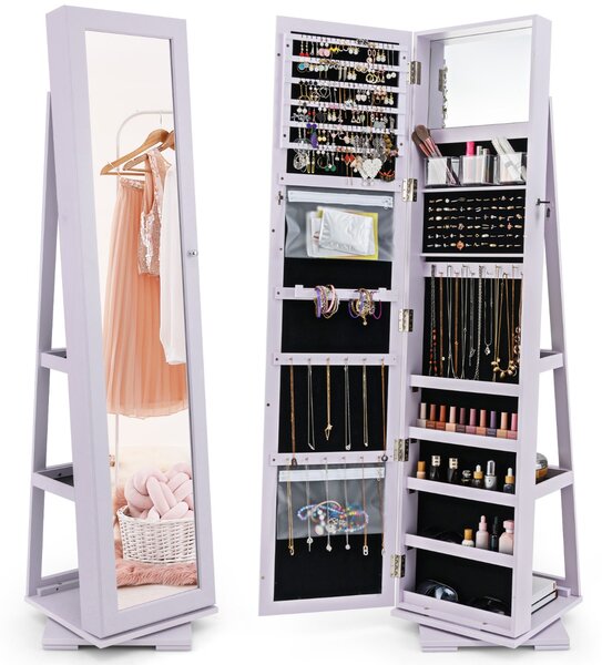 Costway Armadio portagioielli girevole a 360° con specchio, Organizer gioielli 2 in 1 a figura intera Viola