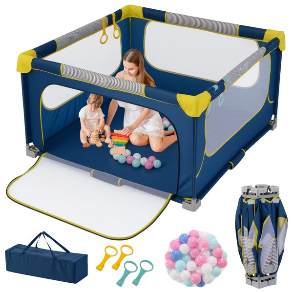Costway Box per bambini 127 x 127 cm senza montaggio, Recinto pieghevole per bambini con cancello con cerniera Blu