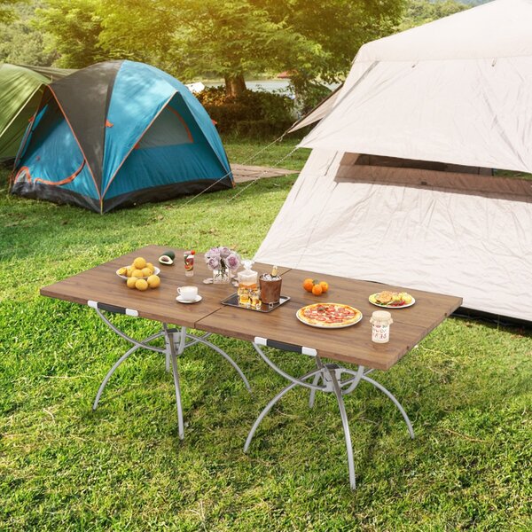 Costway Tavolo da picnic leggero estendibile con piano effetto legno in alluminio, Set di 2 tavoli da campeggio pieghevoli Naturale