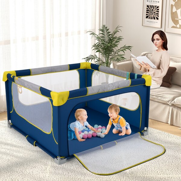 Costway Box per bambini 127 x 127 cm senza montaggio, Recinto pieghevole per bambini con cancello con cerniera Blu