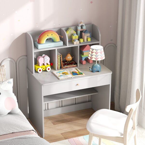 Costway Scrivania in legno per bambini con mensola e cassetto spazio di stoccaggio, Tavolo da scrittura per lettura 80x48x102cm Grigio chiaro
