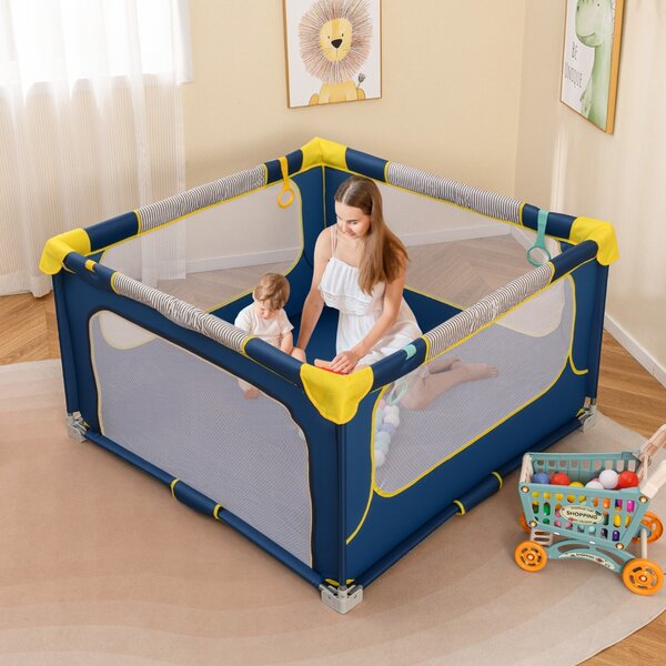 Costway Box per bambini 127 x 127 cm senza montaggio, Recinto pieghevole per bambini con cancello con cerniera Blu