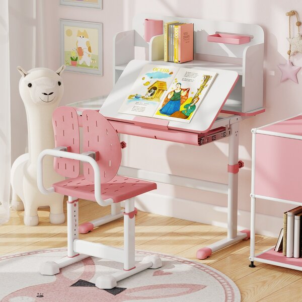 Costway Sedia regolabile in altezza per bambini con doppi supporti dorsal, Sedia da studio con seduta traspirante Rosa