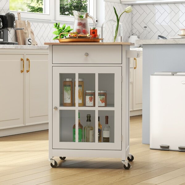 Costway Armadietto mobile con piano in legno di gomma ruote bloccabili in vetro temperato, Carrello isola da cucina per soggiorno Bianco