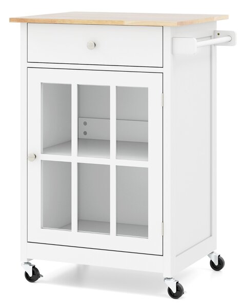 Costway Armadietto mobile con piano in legno di gomma ruote bloccabili in vetro temperato, Carrello isola da cucina per soggiorno Bianco
