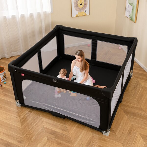 Costway Box per bambini 150 x 150 cm senza montaggio, Recinto pieghevole per bambini con cancello con cerniera Nero