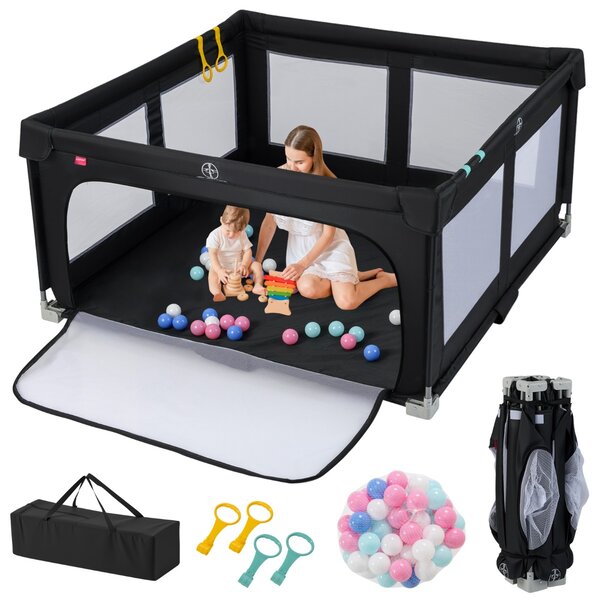 Costway Box per bambini 150 x 150 cm senza montaggio, Recinto pieghevole per bambini con cancello con cerniera Nero