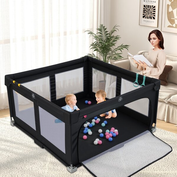 Costway Box per bambini 150 x 150 cm senza montaggio, Recinto pieghevole per bambini con cancello con cerniera Nero