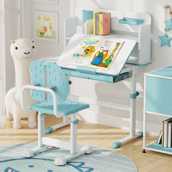 Costway Sedia regolabile in altezza per bambini con doppi supporti dorsal, Sedia da studio con seduta traspirante Blu