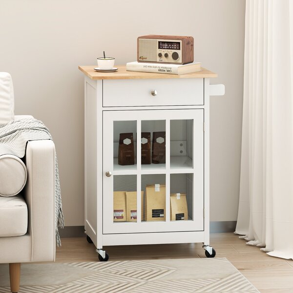 Costway Armadietto mobile con piano in legno di gomma ruote bloccabili in vetro temperato, Carrello isola da cucina per soggiorno Bianco
