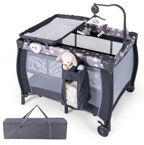 Costway Lettino da viaggio per neonati con culla fasciatoio rimovibile sbarra girevole, Lettino da campeggio portatile Grigio scuro