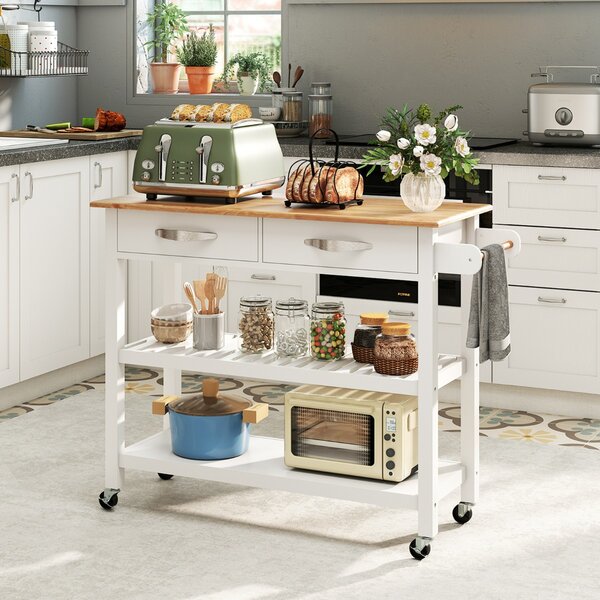 Costway Carrello portautensili a 3 livelli con piano in legno e 2 ripiani aperti, Isola da cucina con spazio di archiviazione Bianco