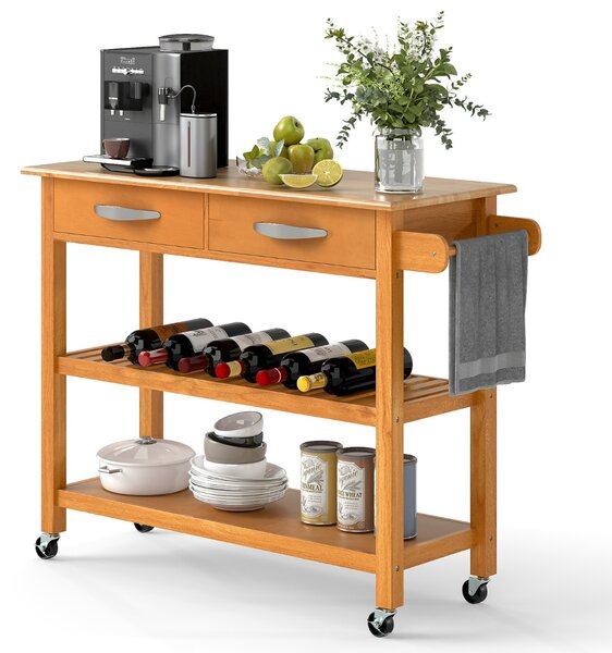 Costway Carrello portautensili a 3 livelli con piano in legno e 2 ripiani aperti, Isola da cucina con spazio di archiviazione Naturale