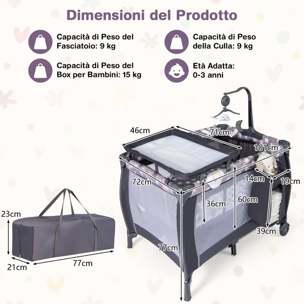 Costway Lettino da viaggio per neonati con culla fasciatoio rimovibile sbarra girevole, Lettino da campeggio portatile Grigio scuro