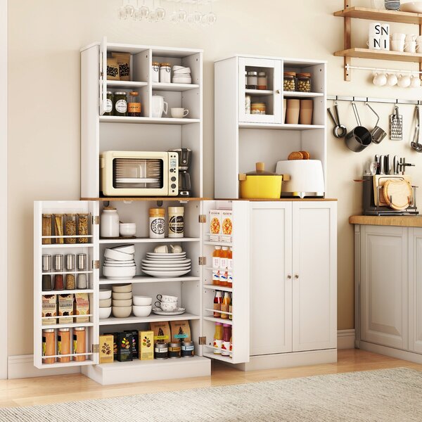 Costway Mobile alto 170 cm con ripiano per microonde 8 ripiani porta e 5 ripiani regolabili, Armadio dispensa da cucina per soggiorno Bianco