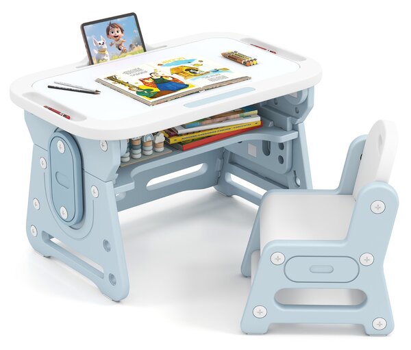 Costway Tavolo da disegno regolabile in altezza per bambini con lavagna inclinabile, Set tavolo e sedia per bambini di 3+ anni Blu