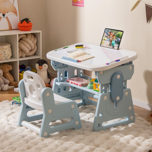 Costway Tavolo da disegno regolabile in altezza per bambini con lavagna inclinabile, Set tavolo e sedia per bambini di 3+ anni Blu