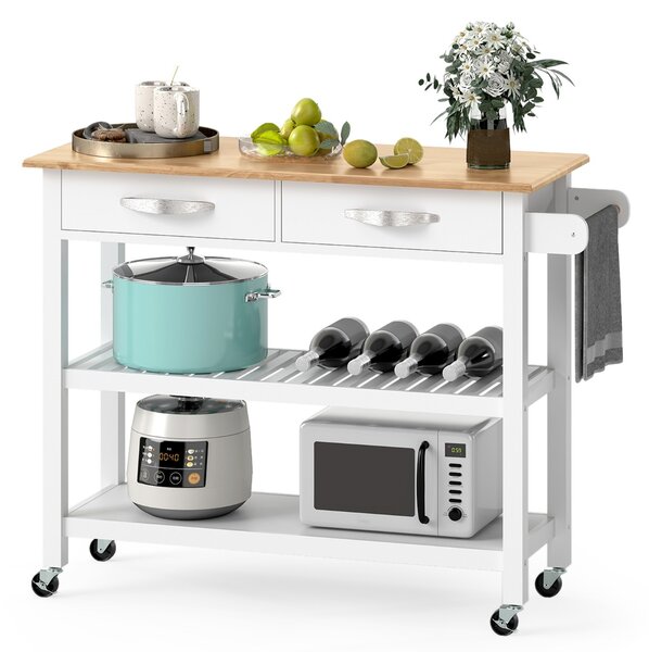 Costway Carrello portautensili a 3 livelli con piano in legno e 2 ripiani aperti, Isola da cucina con spazio di archiviazione Bianco