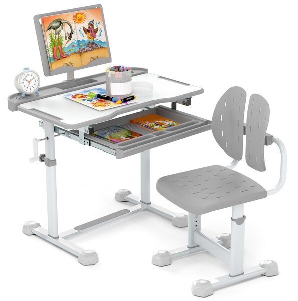 Costway Scrivania per bambini con piano inclinabile sedia ergonomica, Set di scrivania e sedia regolabile in altezza Grigio