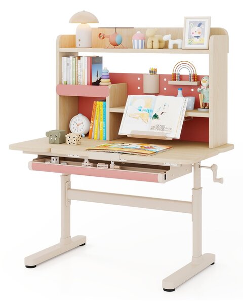Costway Tavolo da studio regolabile in altezza con piano inclinabile mensole, Scrivania per bambini con libreria e cassetto Rosa
