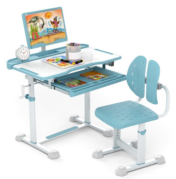 Costway Scrivania per bambini con piano inclinabile sedia ergonomica, Set di scrivania e sedia regolabile in altezza Blu
