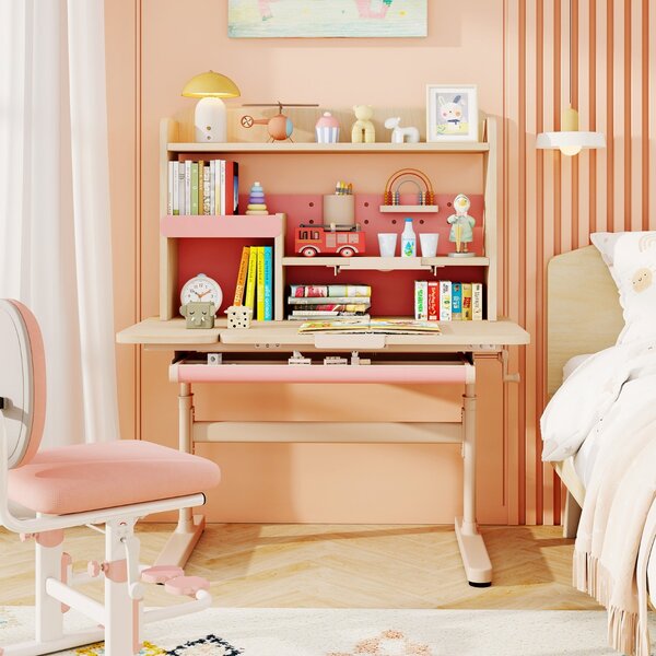 Costway Tavolo da studio regolabile in altezza con piano inclinabile mensole, Scrivania per bambini con libreria e cassetto Rosa