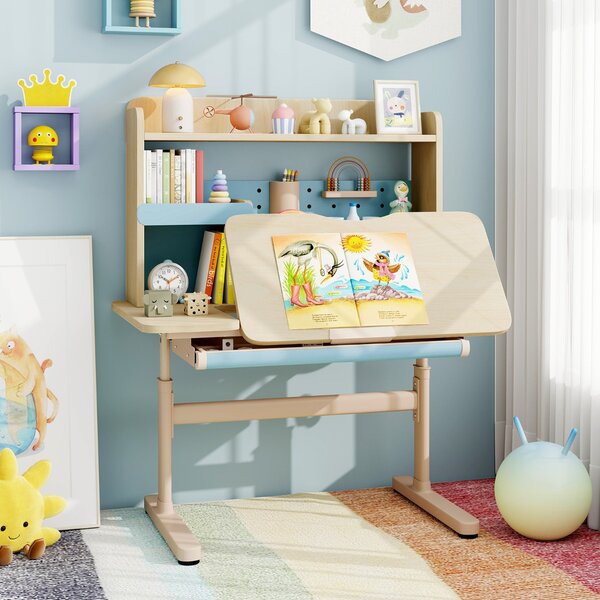 Costway Tavolo da studio regolabile in altezza con piano inclinabile mensole, Scrivania per bambini con libreria e cassetto Blu
