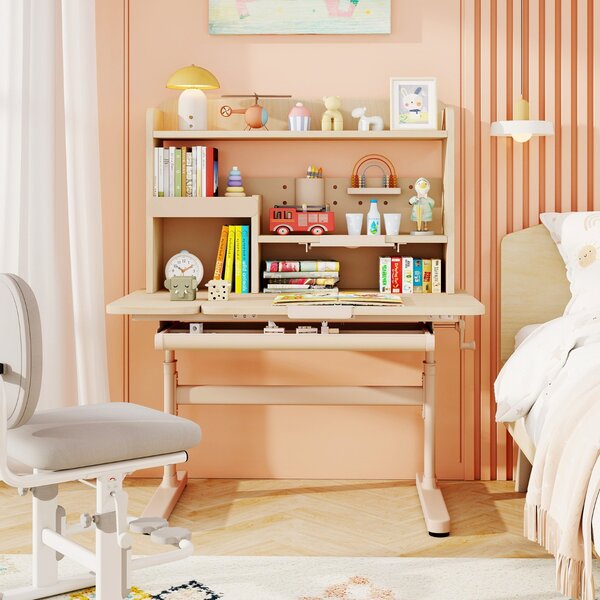 Costway Tavolo da studio regolabile in altezza con piano inclinabile mensole, Scrivania per bambini con libreria e cassetto Naturale
