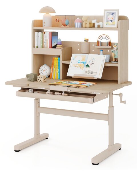 Costway Tavolo da studio regolabile in altezza con piano inclinabile mensole, Scrivania per bambini con libreria e cassetto Naturale