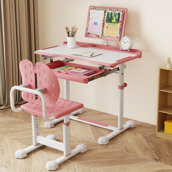 Costway Scrivania per bambini con piano inclinabile sedia ergonomica, Set di scrivania e sedia regolabile in altezza Rosa