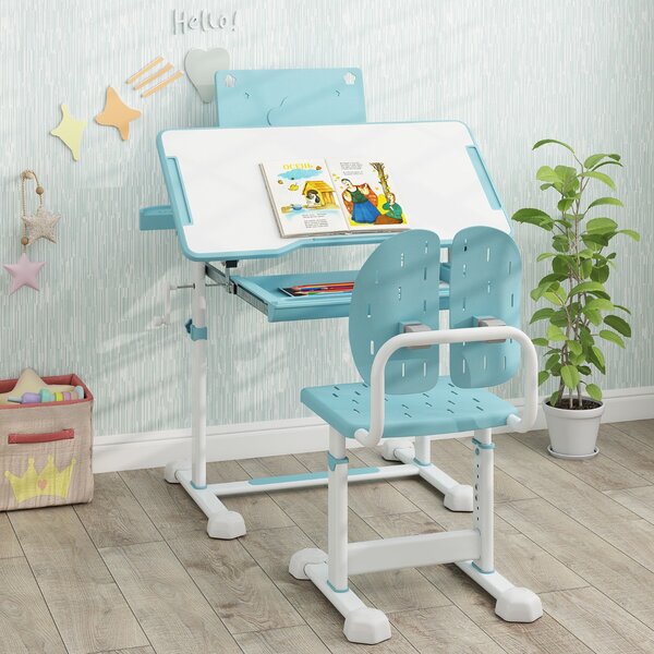 Costway Scrivania per bambini con piano inclinabile sedia ergonomica, Set di scrivania e sedia regolabile in altezza Blu