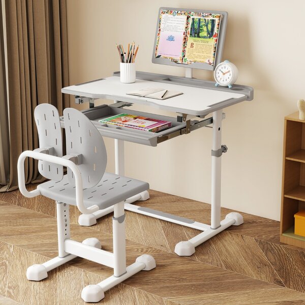 Costway Scrivania per bambini con piano inclinabile sedia ergonomica, Set di scrivania e sedia regolabile in altezza Grigio