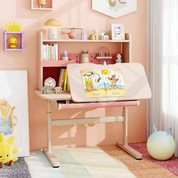 Costway Tavolo da studio regolabile in altezza con piano inclinabile mensole, Scrivania per bambini con libreria e cassetto Rosa