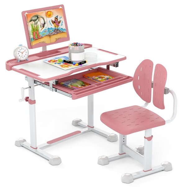 Costway Scrivania per bambini con piano inclinabile sedia ergonomica, Set di scrivania e sedia regolabile in altezza Rosa