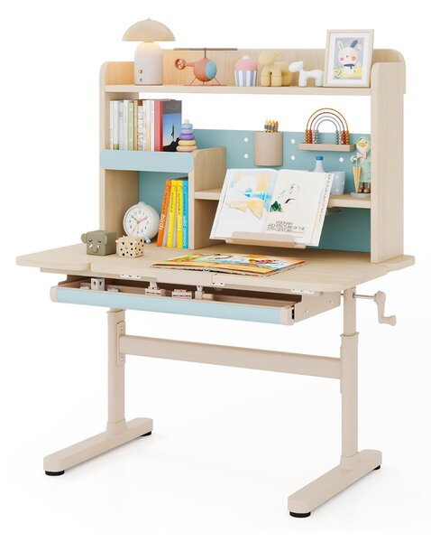 Costway Tavolo da studio regolabile in altezza con piano inclinabile mensole, Scrivania per bambini con libreria e cassetto Blu