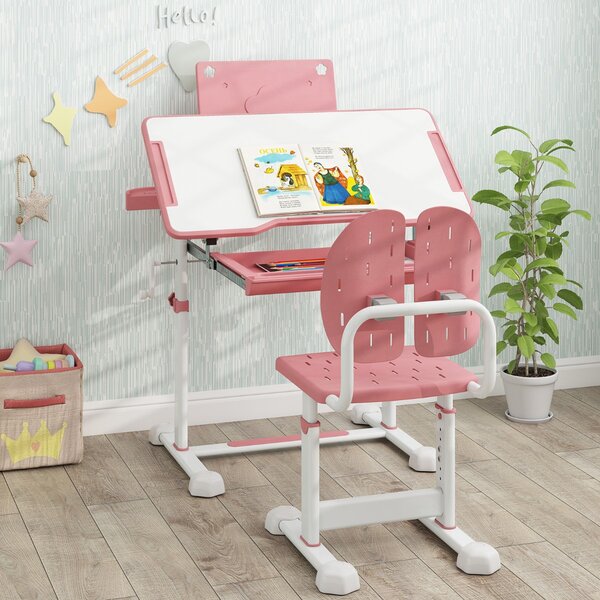 Costway Scrivania per bambini con piano inclinabile sedia ergonomica, Set di scrivania e sedia regolabile in altezza Rosa