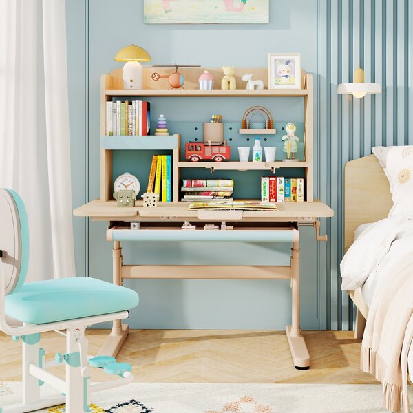 Costway Tavolo da studio regolabile in altezza con piano inclinabile mensole, Scrivania per bambini con libreria e cassetto Blu
