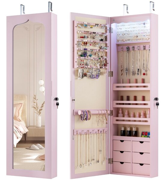 Costway Armadio portagioie con specchio e 6 cassetti in legno, Armadietto portagioielli da porta con 5 luci LED Rosa