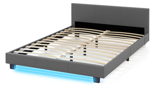 Costway Struttura moderna per letto matrimoniale con telecomando, Letto a piattaforma imbottito supporto a listoni Grigio