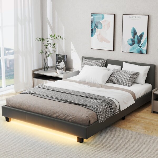 Costway Struttura moderna per letto matrimoniale con telecomando, Letto a piattaforma imbottito supporto a listoni Grigio
