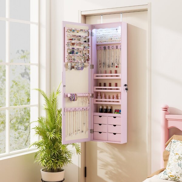 Costway Armadio portagioie con specchio e 6 cassetti in legno, Armadietto portagioielli da porta con 5 luci LED Rosa