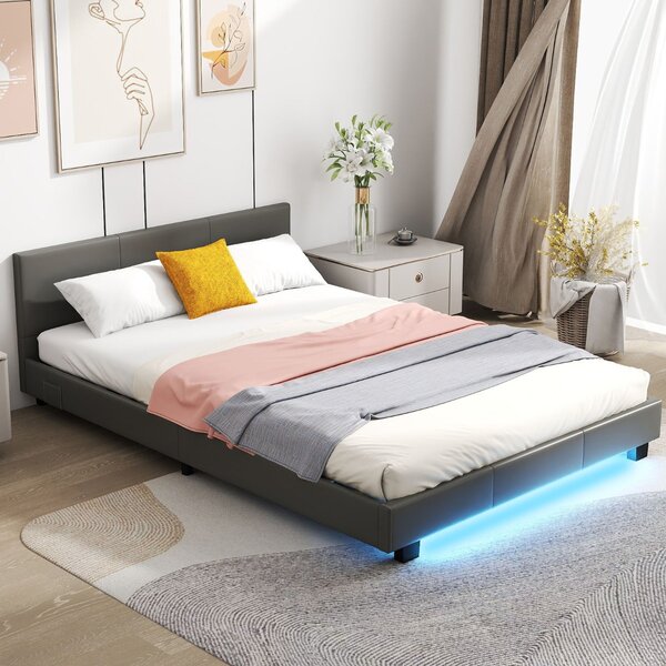 Costway Struttura moderna per letto matrimoniale con telecomando, Letto a piattaforma imbottito supporto a listoni Grigio